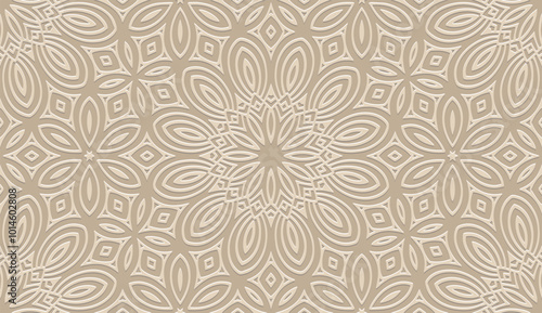 Beige ethnic background, tribal cover design, banner. Geometric floral 3D pattern, embossing. Textured relief ornaments, arabesques, mandala of the East, Asia, India, Mexico, Aztec, Peru.