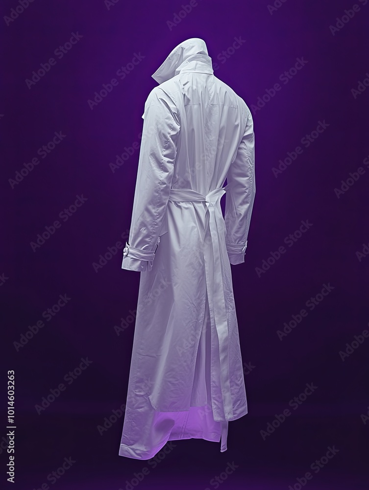Elegant white trench coat against a purple backdrop Elegant white trench coat against a purple backdrop