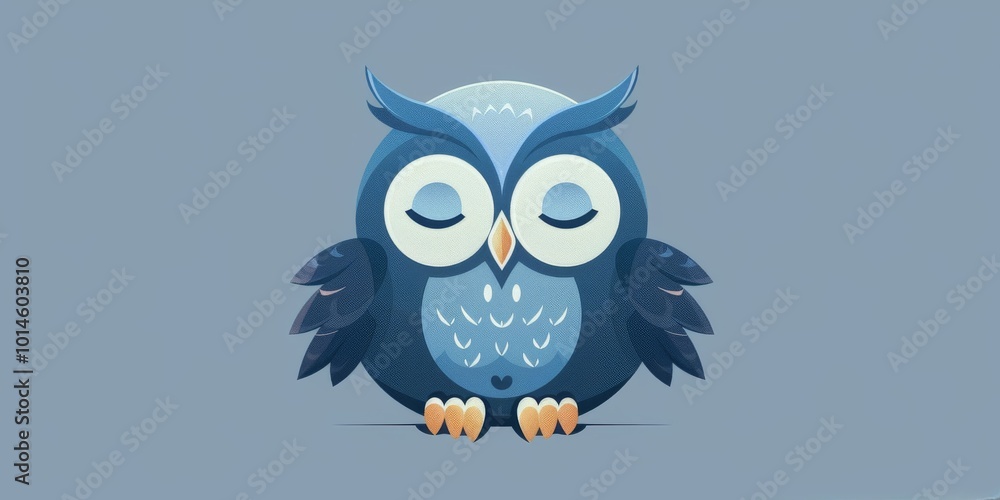 Charming cartoon owl illustration in shades of blue, featuring closed eyes and a serene expression on a light blue background. Charming cartoon owl illustration in shades of blue, featuring closed eyes and a serene expression on a light blue background.