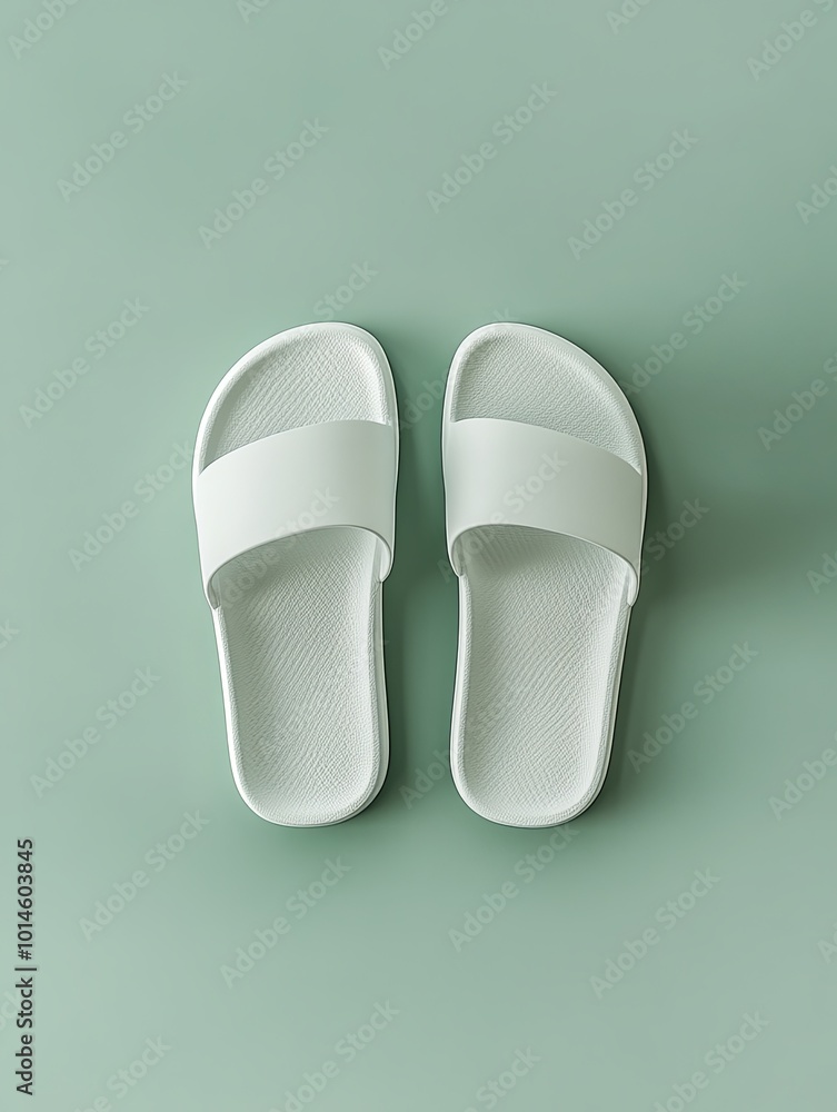 Minimalist white sandals on a soft green background Minimalist white sandals on a soft green background