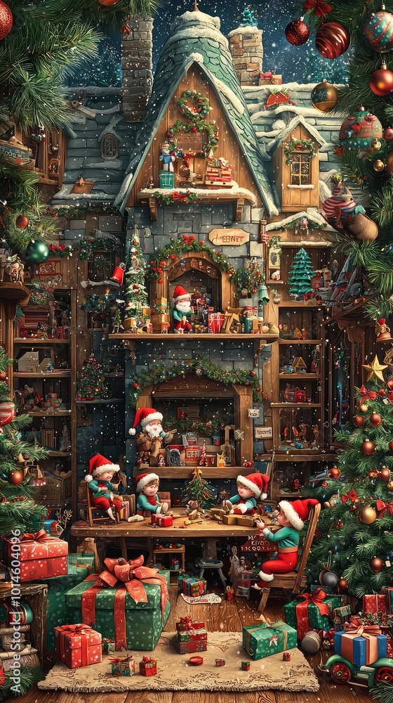 A whimsical Christmas scene depicting festive elves crafting toys in a beautifully decorated workshop filled with gifts and decorations. A whimsical Christmas scene depicting festive elves crafting toys in a beautifully decorated workshop filled with gifts and decorations.