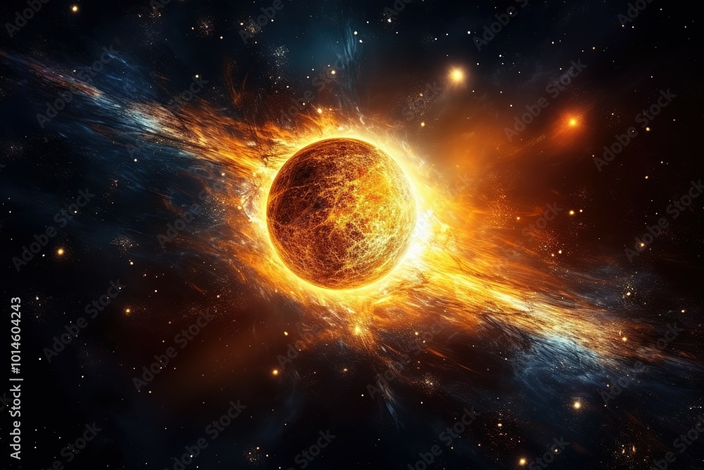 The Sun On a Cosmic background. A flaming planet, in space, surrounded by a halo of flames and stars.