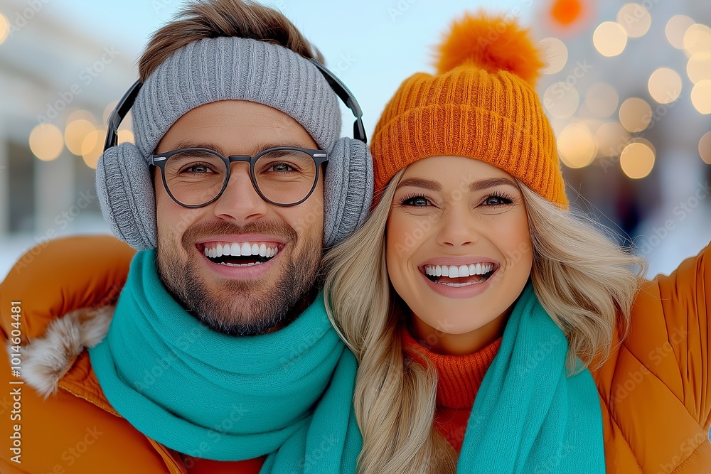 Man and a woman are posing both wearing hats and scarves. man is wearing glasses, and the woman has blonde hair. joyful winter scene featuring a cheerful couple enjoying a playful moment outdoors. Man and a woman are posing both wearing hats and scarves. man is wearing glasses, and the woman has blonde hair. joyful winter scene featuring a cheerful couple enjoying a playful moment outdoors.