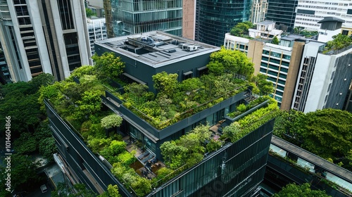 Aerial view of a modern building with a lush green rooftop garden, showcasing eco-friendly urban architecture and nature integration. photo