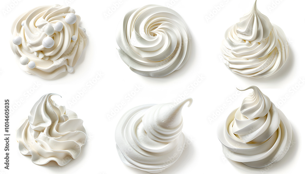 Set of six different white decorative swirl dessert toppings isolated on white background depicting whipped cream, ice cream or frozen yogurt Set of six different white decorative swirl dessert toppings isolated on white background depicting whipped cream, ice cream or frozen yogurt