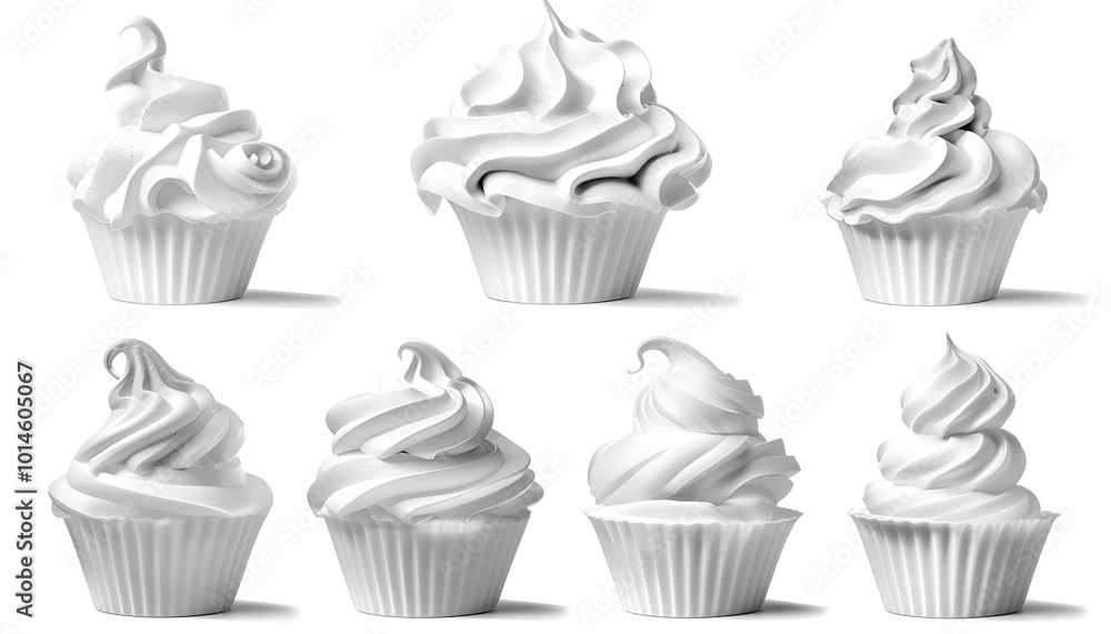 Set of six different white decorative swirl dessert toppings isolated on white background depicting whipped cream, ice cream or frozen yogurt Set of six different white decorative swirl dessert toppings isolated on white background depicting whipped cream, ice cream or frozen yogurt