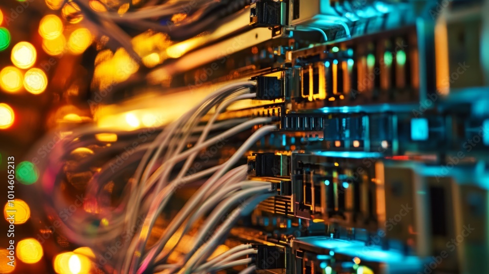 Fototapeta premium A high-quality digital representation of an IT network showcasing extreme detail and realism, illustrating interconnected devices, data flow, and technological elements, providing a comprehensive view