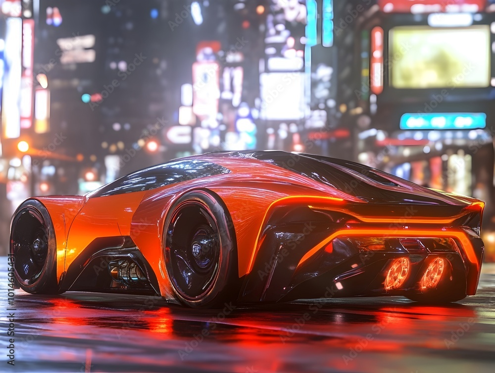Futuristic Electric Car with Bold Geometric Forms and Luminescent Chromatic Accents in Retro Futuristic Cityscape Futuristic Electric Car with Bold Geometric Forms and Luminescent Chromatic Accents in Retro Futuristic Cityscape