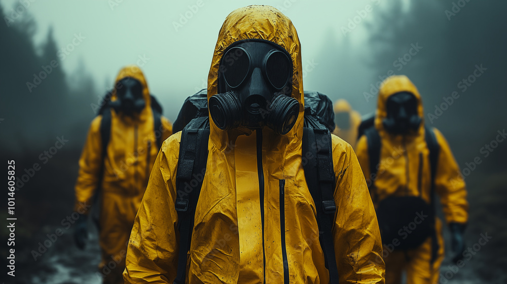 People in hazmat suits and gas masks in misty forest, environmental danger People in hazmat suits and gas masks in misty forest, environmental danger