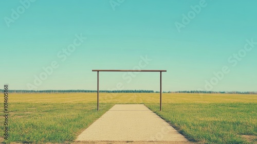 Minimalist high jump bar in an open field, emphasizing simplicity and clean lines, serene atmosphere, understated elegance.