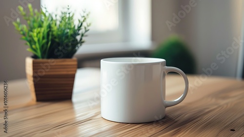 A simple white mug sits on a wooden table beside a small green plant, with soft natural light illuminating the scene.