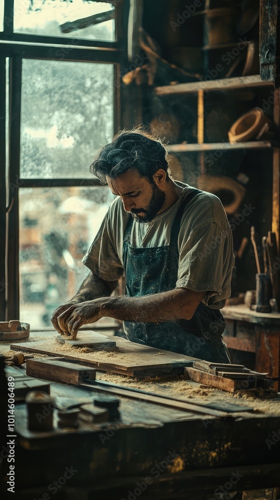 Artisan craftsman shaping wood in a rustic workshop, showcasing dedication and skill in traditional woodworking techniques. Artisan craftsman shaping wood in a rustic workshop, showcasing dedication and skill in traditional woodworking techniques.