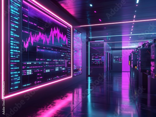 Futuristic Holographic Market Display and Digital Currency Mining Rigs in Minimalist Corporate Office