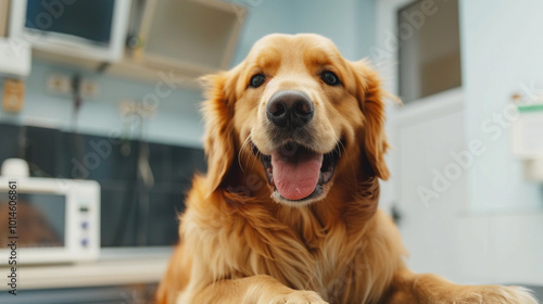 Golden retreiver dog visiting a veterinary clinic. Golden retriever puppy in a vet cabinet