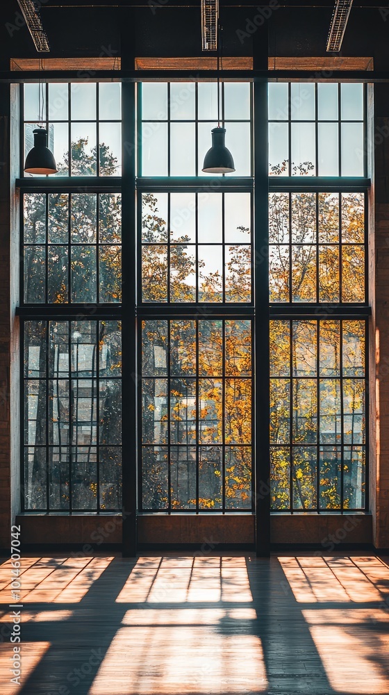 Bright modern window with natural light illuminating the interior, showcasing a beautiful autumn view outside.