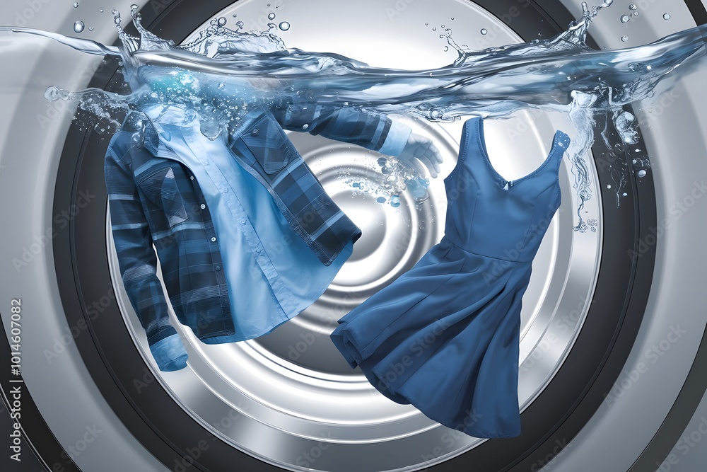 An illustration of a commercial advertisement style with a floating shirt and dress underwater. An illustration of a commercial advertisement style with a floating shirt and dress underwater.