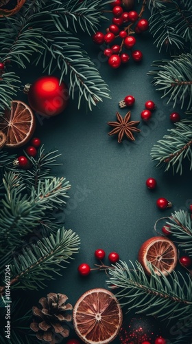 A festive Christmas background featuring pine branches, red berries, dried oranges, and star anise on a dark green surface.