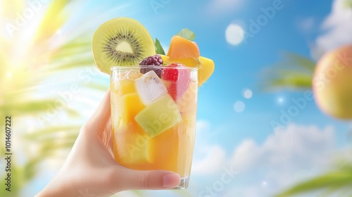 A close-up of a hand holding a glass of colorful mixed fruit juice, with ice cubes and fresh fruits visible, against a bright, tropical backdrop. photo