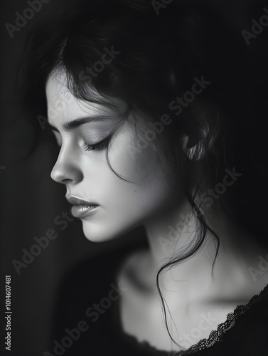 Serene Woman s Introspective Gaze in Cinematic Black and White Portrait