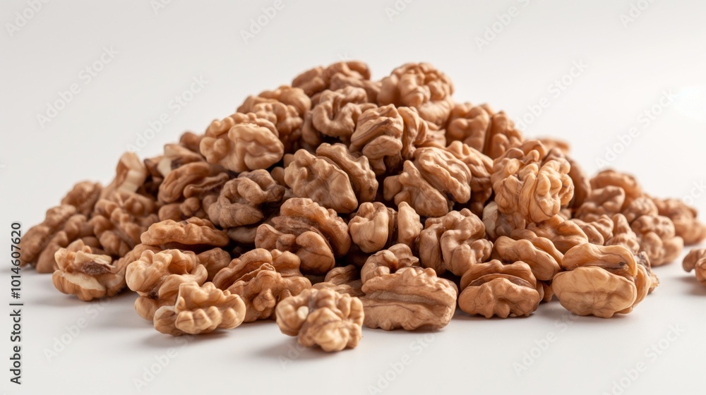 A pile of shelled walnut kernels on a white background, showcasing their unique wrinkled texture and rich brown color A pile of shelled walnut kernels on a white background, showcasing their unique wrinkled texture and rich brown color