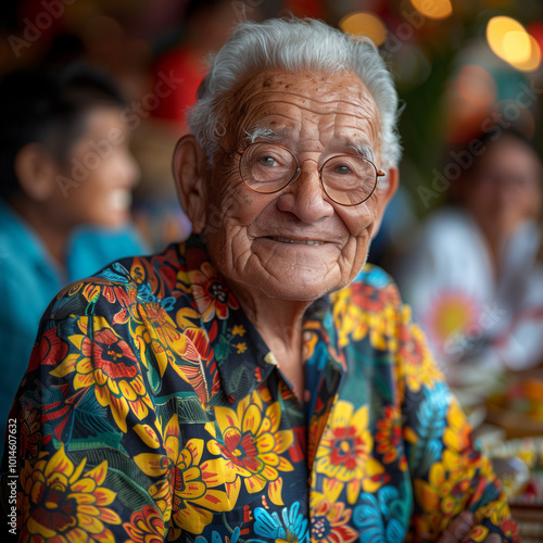 Cheerful elderly man in a vibrant floral shirt