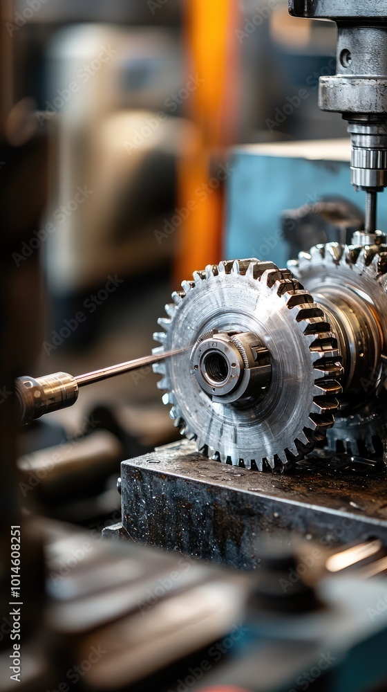 Close-up of a precision gear and tool in a modern workshop, showcasing industrial craftsmanship and machinery details.