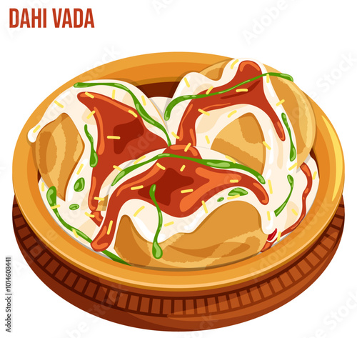 Dahi Baray or Dahi Vada with Tamarind, Mint Chutneys and Sev Toppings in Mud Pot. Authentic Indian Street Chaat Vector Illustration 