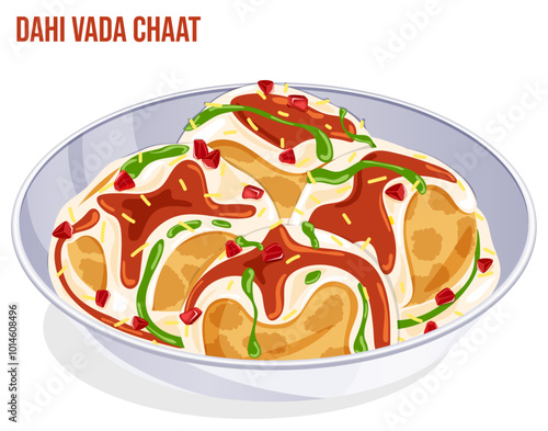 Dahi Bhalla or Dahi Vada Chaat Plate. Tamarind & Mint Chutneys, Sev and Pomegranate Seeds Toppings. Indian Spicy Street Food Art