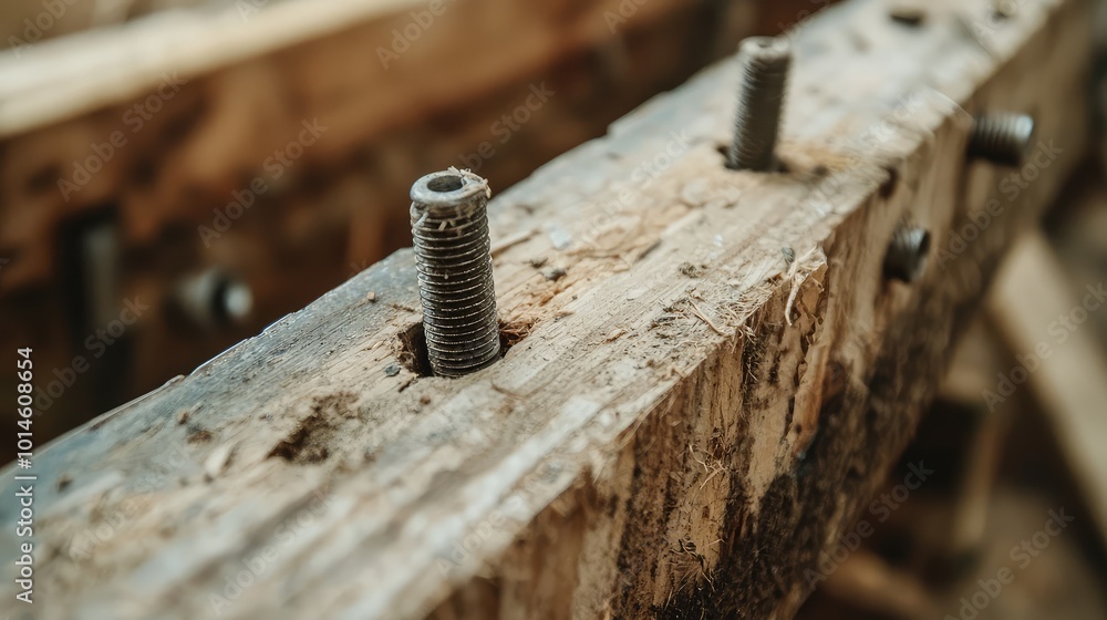 Close-up of a wooden beam with metal bolts, showcasing craftsmanship in woodworking and construction techniques. Close-up of a wooden beam with metal bolts, showcasing craftsmanship in woodworking and construction techniques.