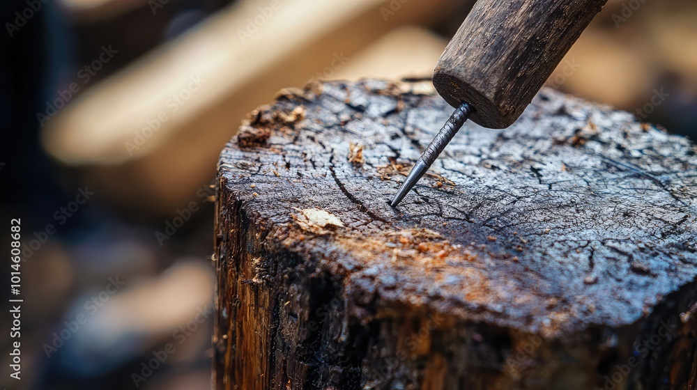 Close-up of a wooden log with a metal nail embedded, showcasing natural textures and craftsmanship in outdoor woodworking. Close-up of a wooden log with a metal nail embedded, showcasing natural textures and craftsmanship in outdoor woodworking.