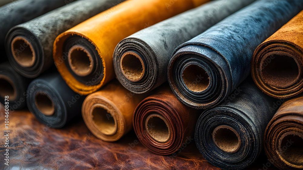 A photograph of several rolls of leather in various colors and textures, highlighting the diversity and craftsmanship of leather materials. The image showcases the smooth, rugged, and natural variatio A photograph of several rolls of leather in various colors and textures, highlighting the diversity and craftsmanship of leather materials. The image showcases the smooth, rugged, and natural variatio