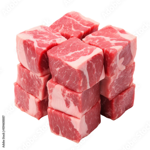 Freshly Cut Marbled Beef Cubes Stacked for Culinary Use.