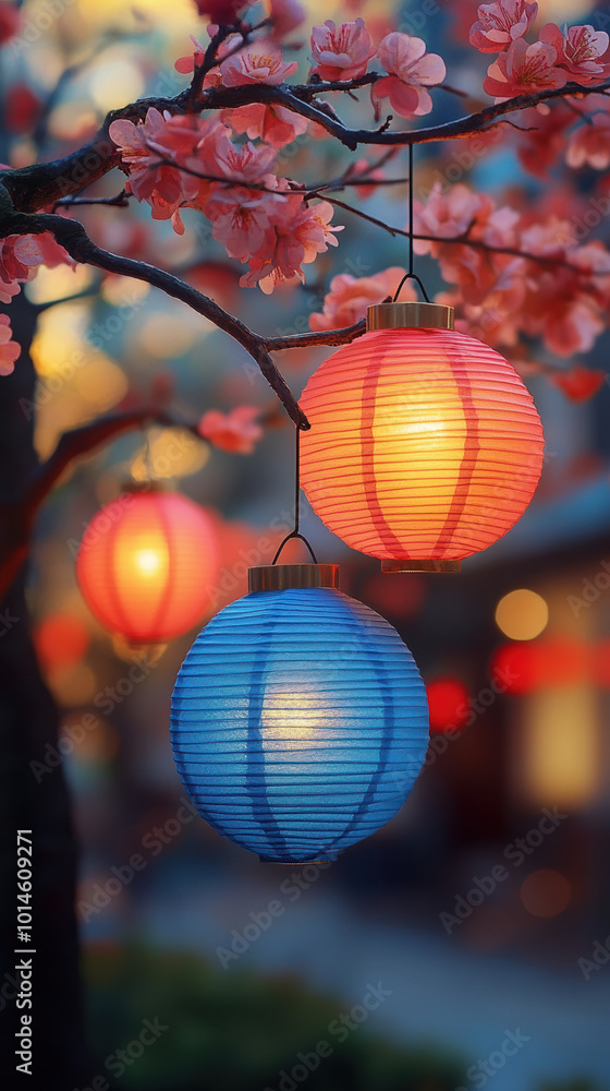 Obraz premium Colorful lanterns hanging in a beautiful outdoor setting, creating a festive atmosphere for Diwali and other celebrations.