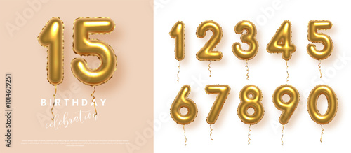 Birthday anniversary golden numbers set template with number 15. Celebration birthday vector background. Gold numbers in form of balloons on beige for party invitation, greeting card, poster, event.