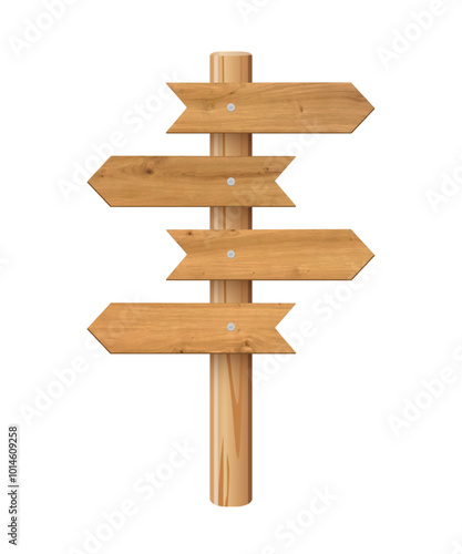 3d wooden signboard vector illustration. Realistic wood sign post. Blank arrow with wood texture, plywood road pointer. City guidance.