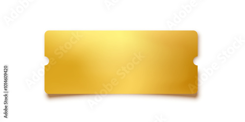 Golden ticket. Gold vector coupon, sticker or discount tag mockup isolated on white background. Cinema, theater, concert, party, event, festival invitation entrance.