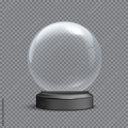 Snow globe template vector illustration. Realistic empty glass snowball on gray base with empty space for lettering. Christmas and New Year design element on transparent background.