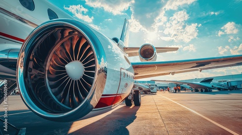 Close-up view of a jet engine with a vibrant sky and aircraft in the background, showcasing modern aviation technology.