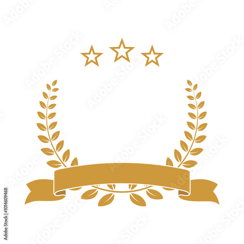 Gold award laurel wreath with ribbon, stars and empty place for name of winner. Champion reward vector illustration. Prize for awarding ceremony or best player. Quality certified icon.