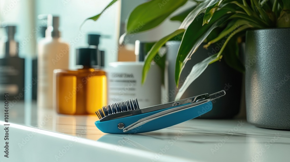 A vibrant shot of a nail clipper set on a bathroom counter, with a plant and skincare products in the background, symbolizing self-care and cleanliness