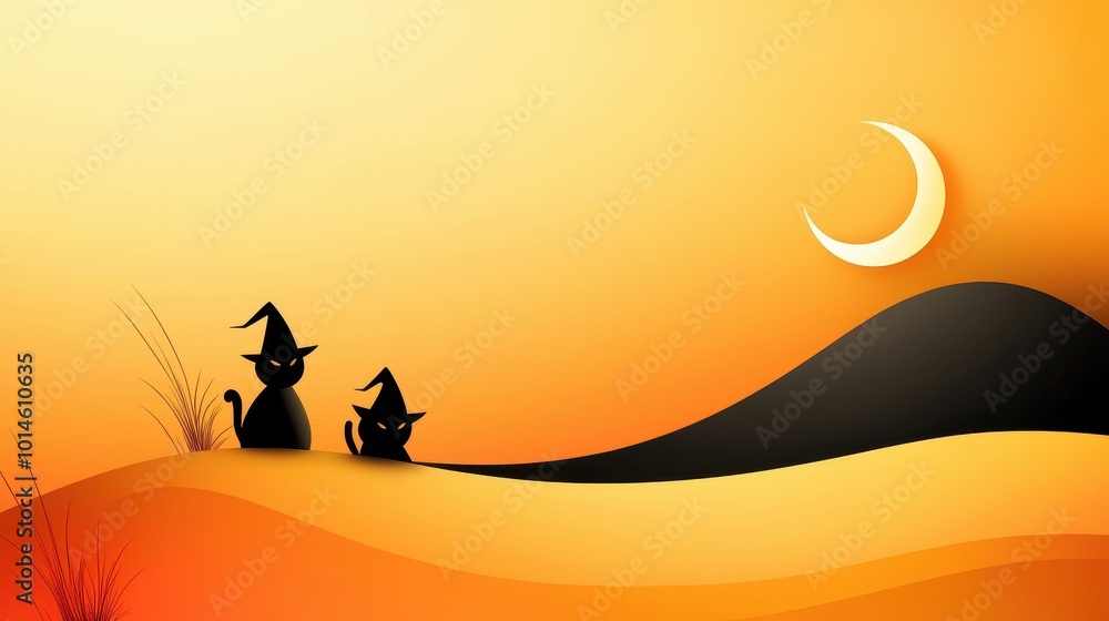 A minimalistic Halloween abstract background with sharp, angular lines forming witch hats, moons, and cats in a gradient of orange and black. A minimalistic Halloween abstract background with sharp, angular lines forming witch hats, moons, and cats in a gradient of orange and black.