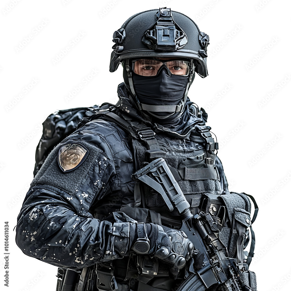 Masked soldier in tactical gear, white isolate background Masked soldier in tactical gear, white isolate background