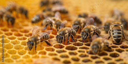 Close up view of the working bees on honey cells honeycomb wax