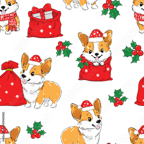 seamless pattern hand drawn christmas background with cute corgi dog print vector 