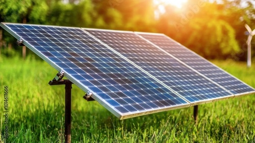 Solar Panels in Green Field with Sunset Glow photo