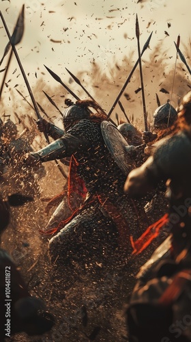 Dynamic battle scene with armored warriors clashing amid flying debris and scattered spears, evoking a sense of medieval conflict. photo