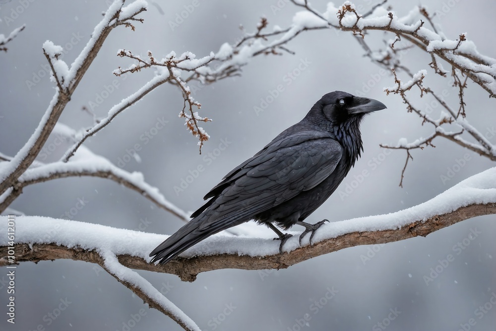 Obraz premium Raven on a Snowy Branch in a Winter Landscape