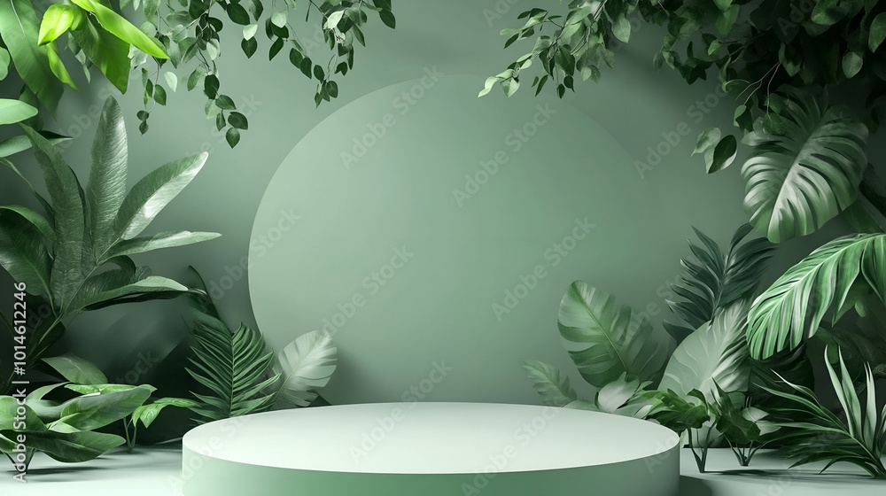 Beautiful empty podium with realistic leaves, Marble podium, Product presentation, A modern white podium, framed by giant tropical leaves, set against a light gray wall with shadows playing across Beautiful empty podium with realistic leaves, Marble podium, Product presentation, A modern white podium, framed by giant tropical leaves, set against a light gray wall with shadows playing across