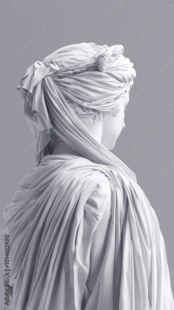 Elegant white sculpture showcasing the beauty of classical drapery and hairstyle in a soft, minimalist style. Elegant white sculpture showcasing the beauty of classical drapery and hairstyle in a soft, minimalist style.