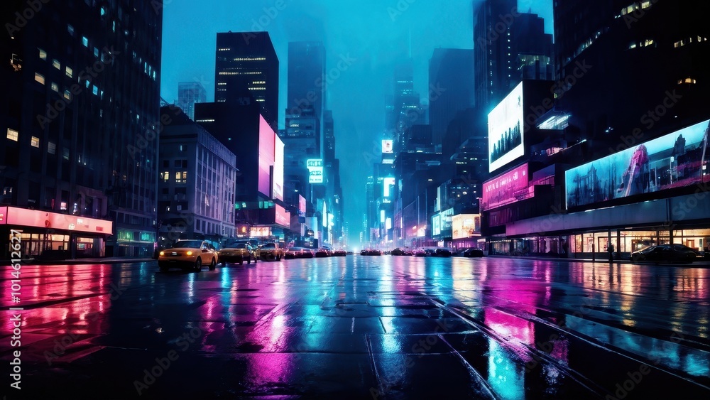 Obraz premium A vibrant cityscape at night reflecting neon lights on wet streets.